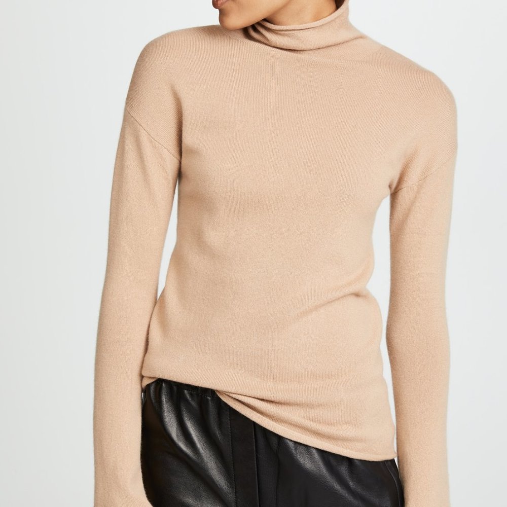 Theory Camel Bell Sleeve Mockneck Cashmere Sweater